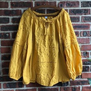 Yellow Blouse with Floral Eyelet Pattern
